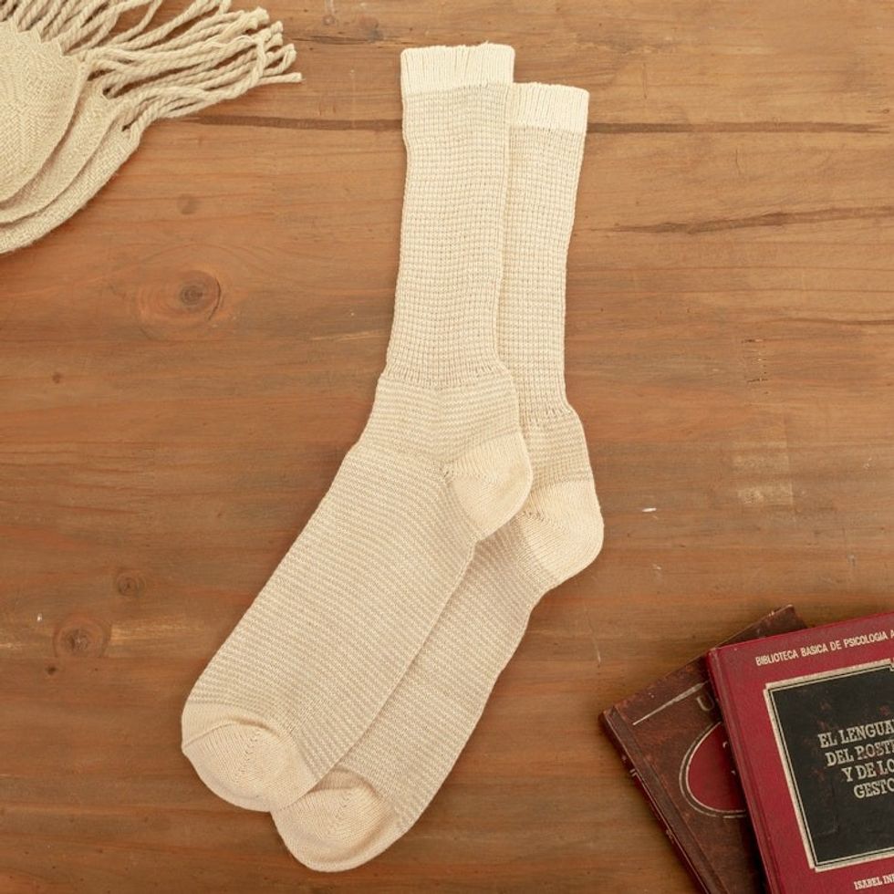 Unisex Beige and Green Cotton Socks Knitted in Peru 'Pakucho'