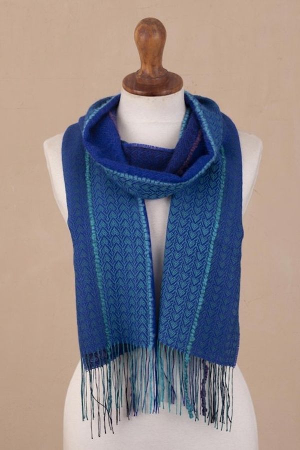 Alternate image for Cool Shades Handwoven Baby Alpaca Blend Scarf from Peru Ocean Blues