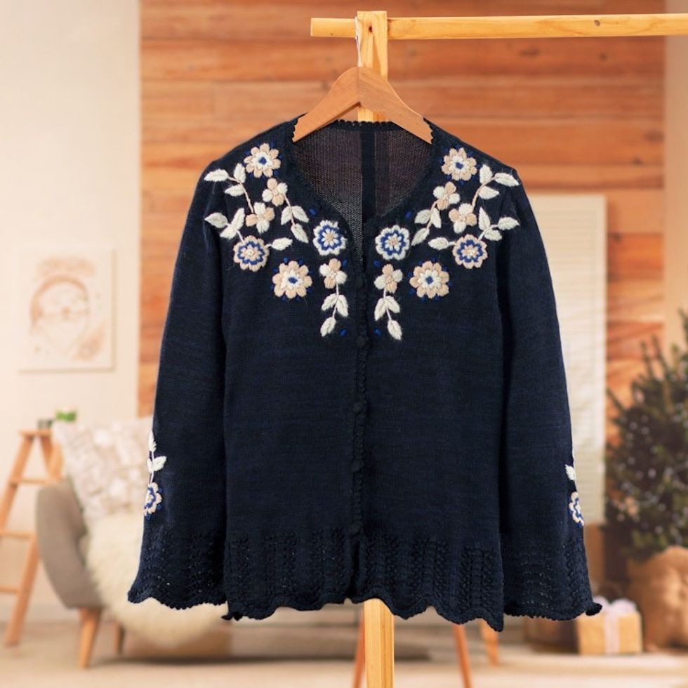 Crocheted Alpaca Cotton Cardigan with Floral Hand Embroidery 'Garden Bloom'