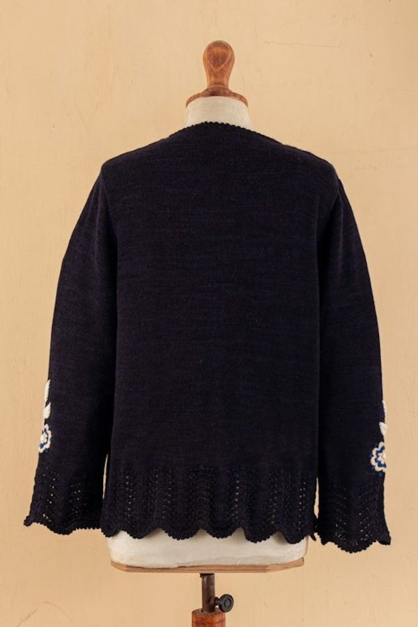 Alternate image for Crocheted Alpaca Cotton Cardigan with Floral Hand Embroidery Garden Bloom