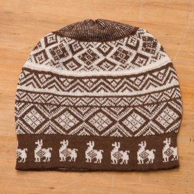 Alternate image for Chestnut Brown and Ivory Diamond Motif Alpaca Blend Knit Hat Alpaca Parade in Brown