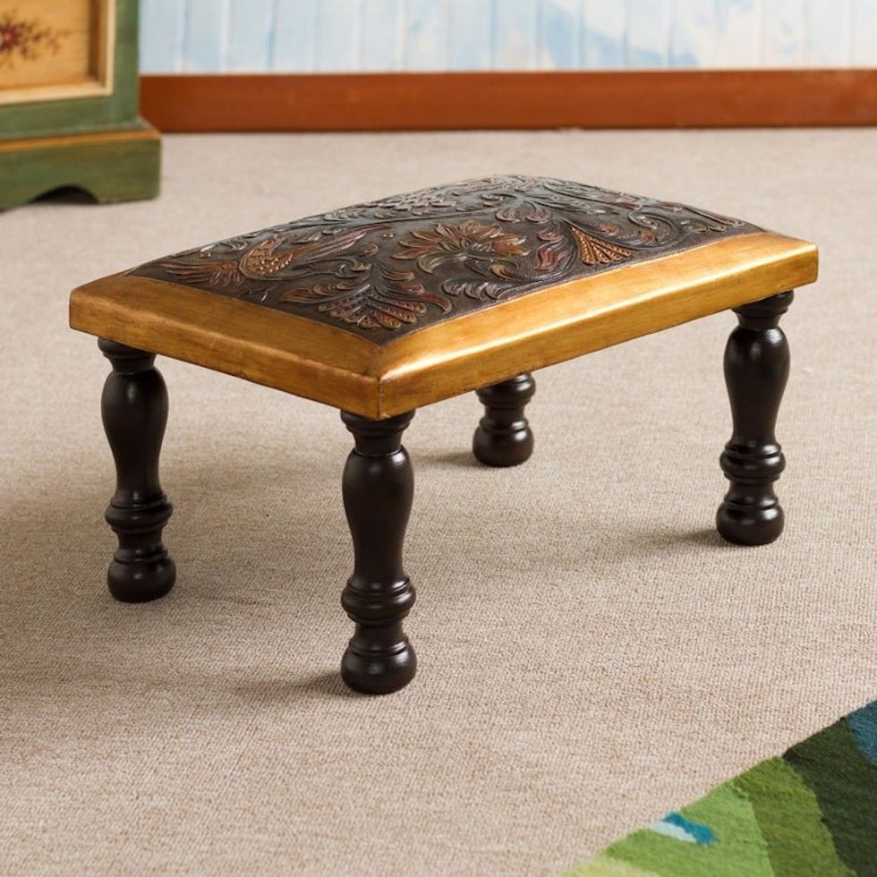 Bird-Themed Leather and Wood Ottoman from Peru 'World of Birds'