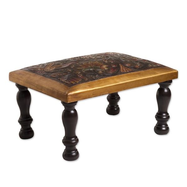 Alternate image for Bird-Themed Leather and Wood Ottoman from Peru World of Birds