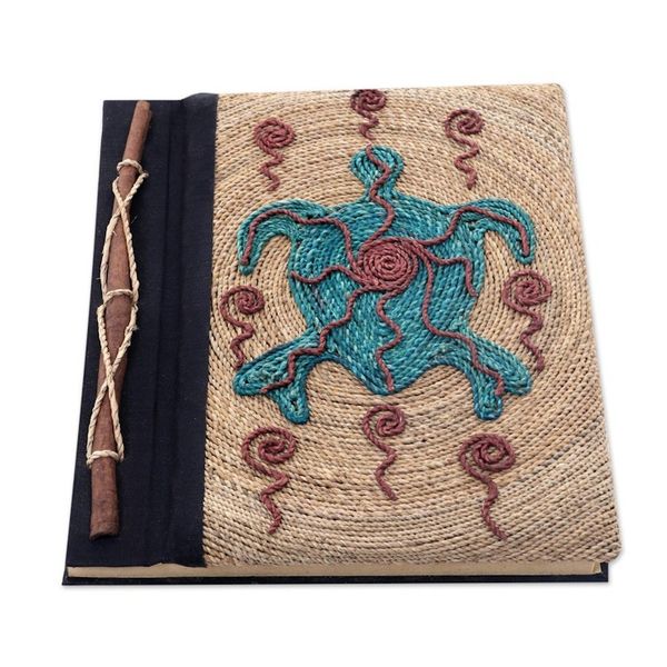 Alternate image for Handmade Natural Fiber Blank 50-pg Journal with Turtle Motif Blue Turtle