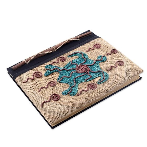 Alternate image for Handmade Natural Fiber Blank 50-pg Journal with Turtle Motif Blue Turtle