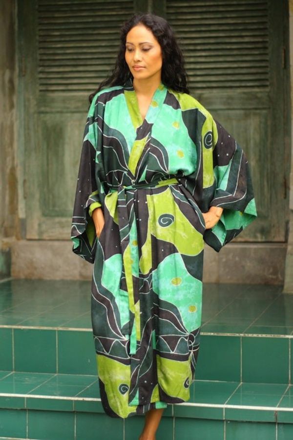 Alternate image for Womens Fair Trade Batik Robe Emerald Birds