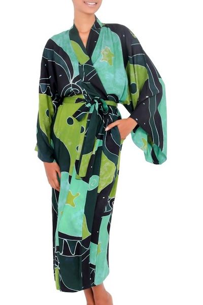 Alternate image for Womens Fair Trade Batik Robe Emerald Birds