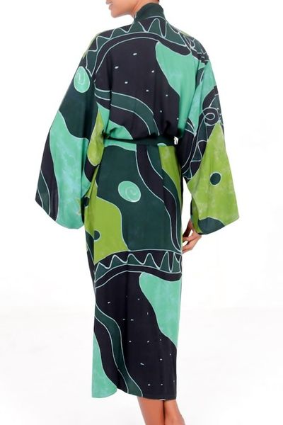 Alternate image for Womens Fair Trade Batik Robe Emerald Birds