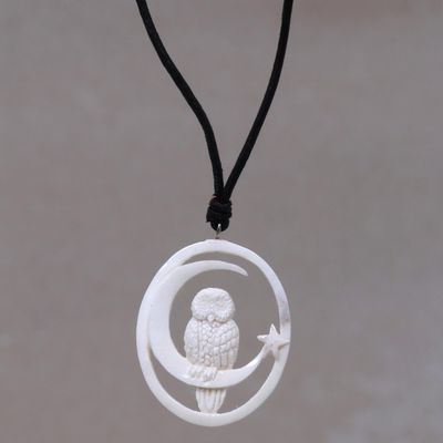 Alternate image for Owl and Moon Bone Pendant Necklace Handmade in Bali Magic Night