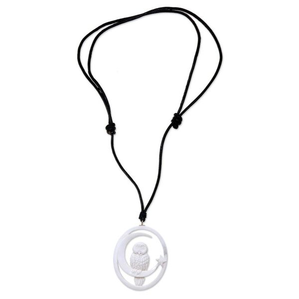 Alternate image for Owl and Moon Bone Pendant Necklace Handmade in Bali Magic Night