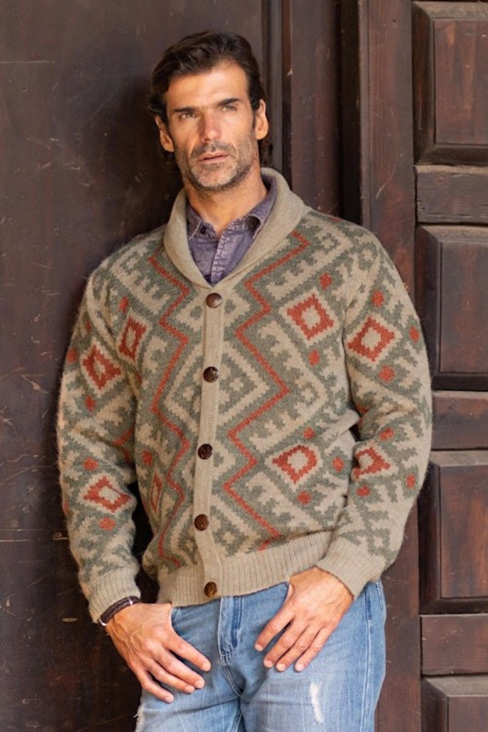 Zigzag Pattern Men's 100 Alpaca Cardigan from Peru 'Andean Zigzag'
