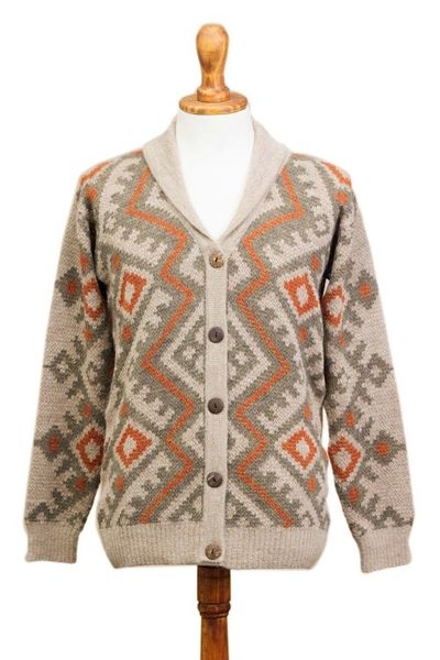 Alternate image for Zigzag Pattern Mens 100 Alpaca Cardigan from Peru Andean Zigzag
