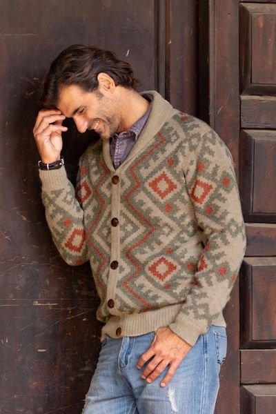 Alternate image for Zigzag Pattern Mens 100 Alpaca Cardigan from Peru Andean Zigzag
