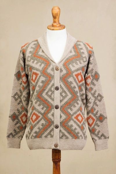 Alternate image for Zigzag Pattern Mens 100 Alpaca Cardigan from Peru Andean Zigzag