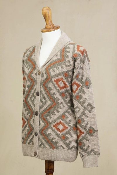 Alternate image for Zigzag Pattern Mens 100 Alpaca Cardigan from Peru Andean Zigzag