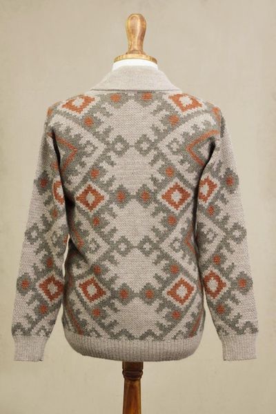 Alternate image for Zigzag Pattern Mens 100 Alpaca Cardigan from Peru Andean Zigzag