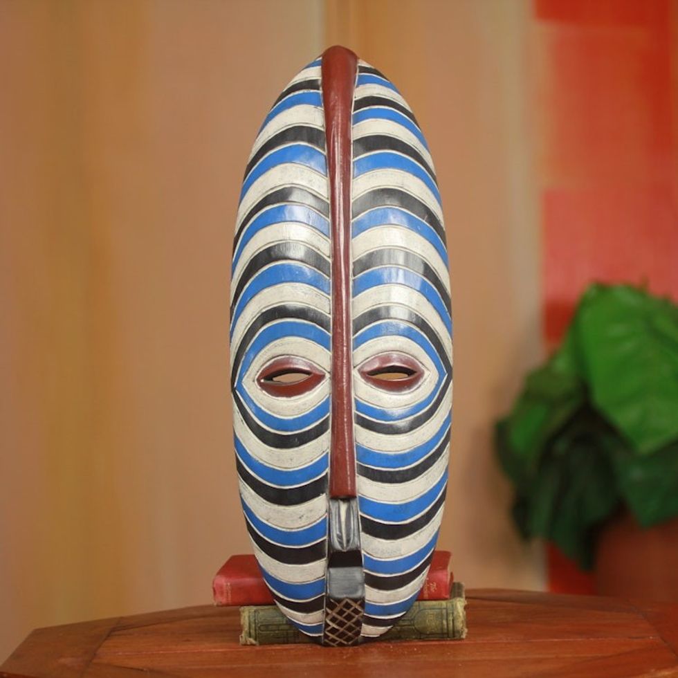 Blue and White Stripes African Mask from Ghana 'Brotherly Love'