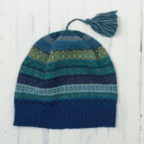 Alternate image for Shades of Blue and Green 100 Alpaca Knit Hat with Tassel Sea Dreams