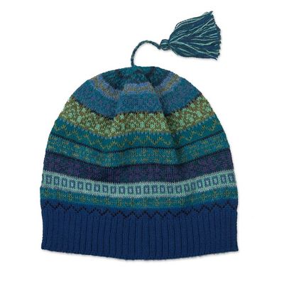 Alternate image for Shades of Blue and Green 100 Alpaca Knit Hat with Tassel Sea Dreams