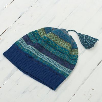 Alternate image for Shades of Blue and Green 100 Alpaca Knit Hat with Tassel Sea Dreams