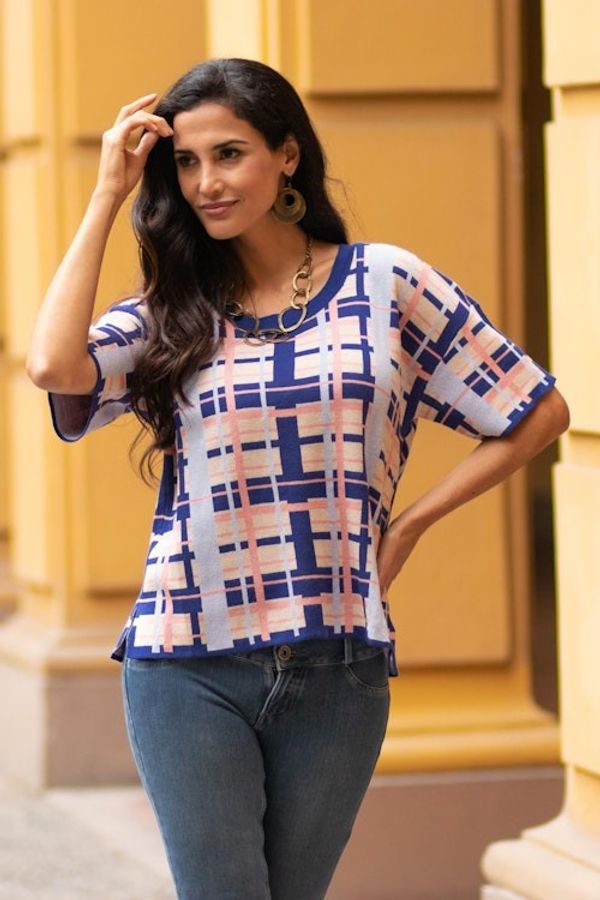 Alternate image for Hand Made Cotton Blend Plaid Oversized Top from Peru Melon Spring T-Shirt