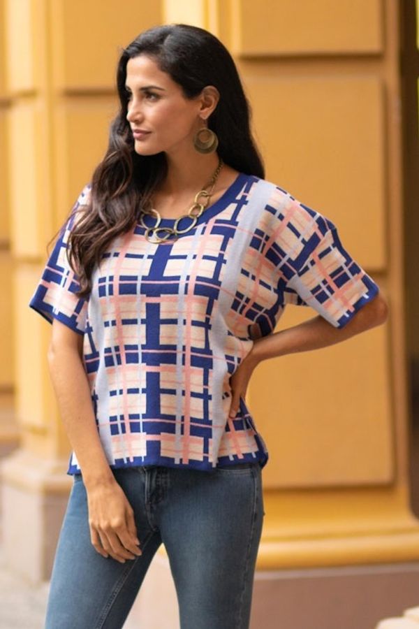Alternate image for Hand Made Cotton Blend Plaid Oversized Top from Peru Melon Spring T-Shirt