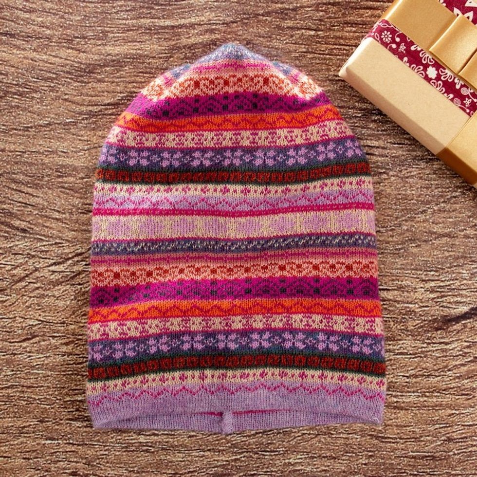 Jacquard Knit 100 Alpaca Hat in Pink Fuchsia and Lavender 'La Vie en Rose'