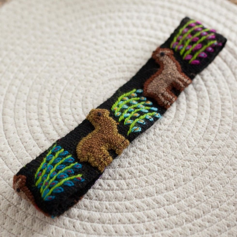 Embroidered Llama Pattern Wool Headband from Peru 'Llama Parade'