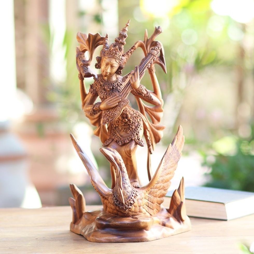 Sarasvati Hindu Goddess Hand Carved Suar Wood Sculpture 'Sarasvati Goddess'