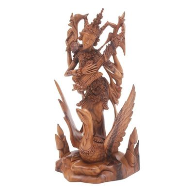 Alternate image for Sarasvati Hindu Goddess Hand Carved Suar Wood Sculpture Sarasvati Goddess