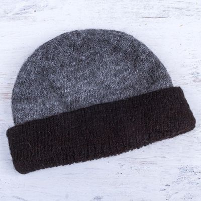 Alternate image for Reversible Grey and Black 100 Alpaca Hat Knitted by Hand Shadows at Dusk