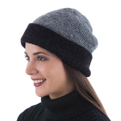 Alternate image for Reversible Grey and Black 100 Alpaca Hat Knitted by Hand Shadows at Dusk