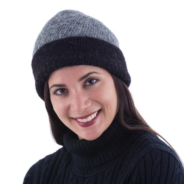 Alternate image for Reversible Grey and Black 100 Alpaca Hat Knitted by Hand Shadows at Dusk