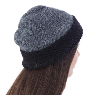 Alternate image for Reversible Grey and Black 100 Alpaca Hat Knitted by Hand Shadows at Dusk