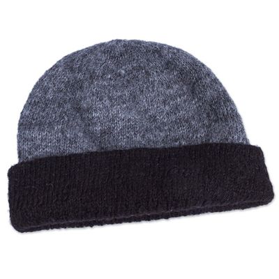 Alternate image for Reversible Grey and Black 100 Alpaca Hat Knitted by Hand Shadows at Dusk