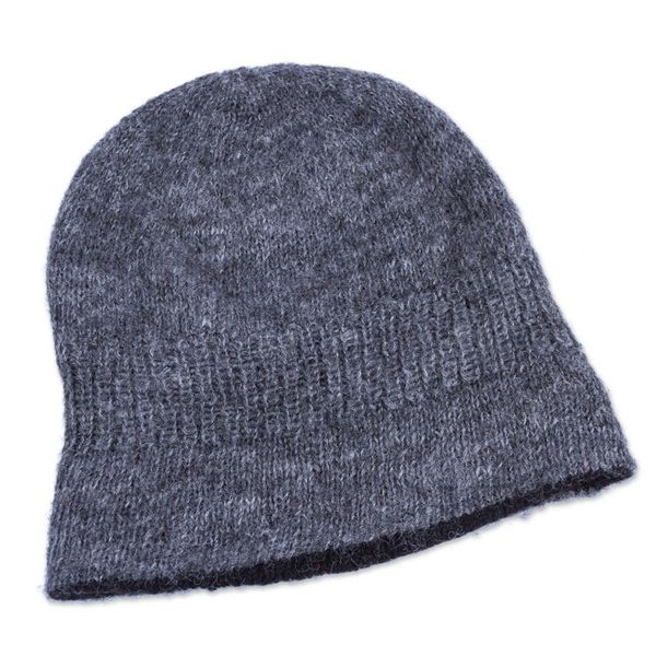 Alternate image for Reversible Grey and Black 100 Alpaca Hat Knitted by Hand Shadows at Dusk