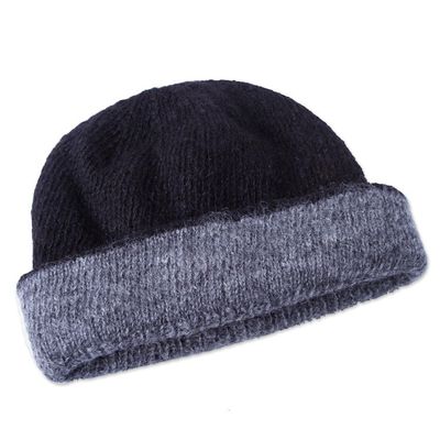 Alternate image for Reversible Grey and Black 100 Alpaca Hat Knitted by Hand Shadows at Dusk