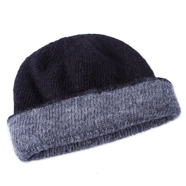 Alternate image for Reversible Grey and Black 100 Alpaca Hat Knitted by Hand Shadows at Dusk