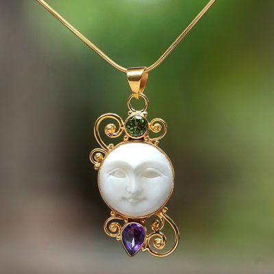 Alternate image for Gold Plated Amethyst and Peridot Pendant Necklace from Bali Round Moon