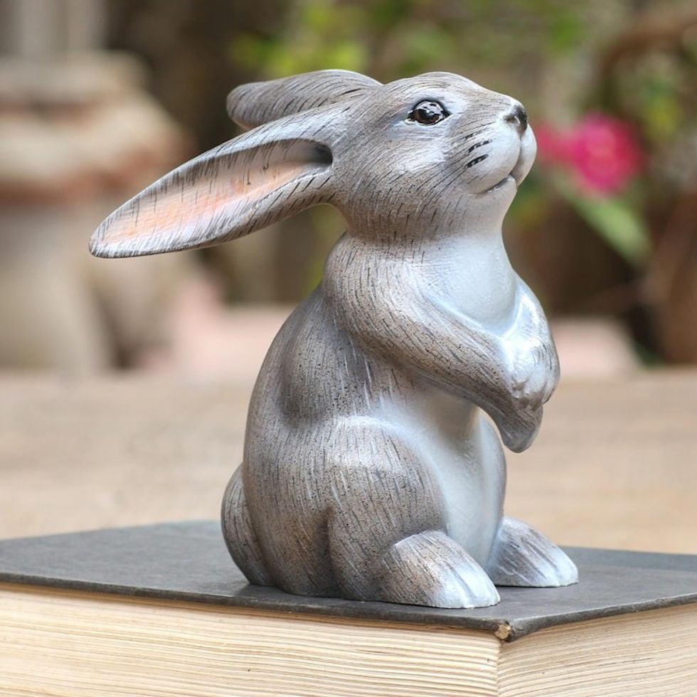 Hand Carved Grey Rabbit Statuette 'Adorable Rabbit in Grey'