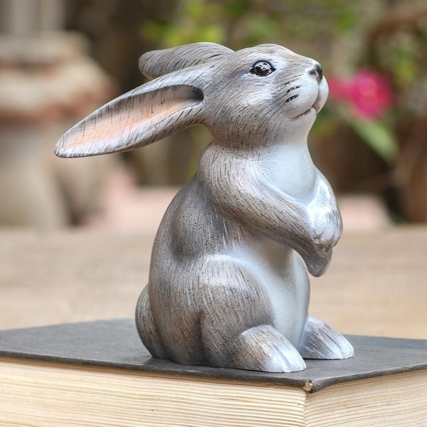 Alternate image for Hand Carved Grey Rabbit Statuette Adorable Rabbit in Grey