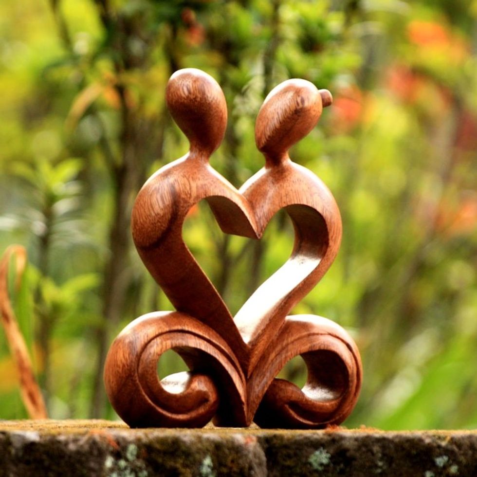 Handcrafted Romantic Wood Sculpture 'One Heart'