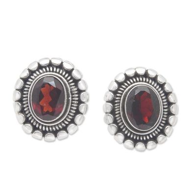 Alternate image for Sterling Silver Button Earrings with Oval Garnet Stone Dreamy Red