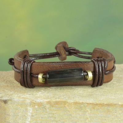 Alternate image for Horn and Dark Brown Leather Wristband Bracelet from Ghana Natural Fusion in Brown