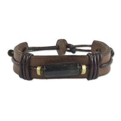 Alternate image for Horn and Dark Brown Leather Wristband Bracelet from Ghana Natural Fusion in Brown