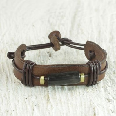 Alternate image for Horn and Dark Brown Leather Wristband Bracelet from Ghana Natural Fusion in Brown