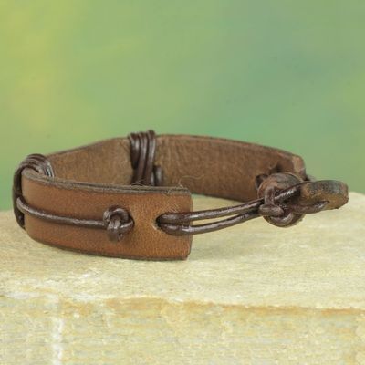 Alternate image for Horn and Dark Brown Leather Wristband Bracelet from Ghana Natural Fusion in Brown