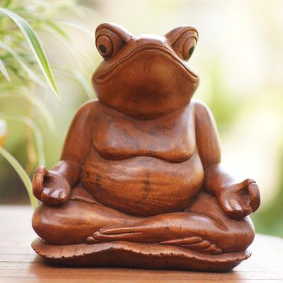 Alternate image for Handmade Suar Wood Frog Sculpture Meditating Frog