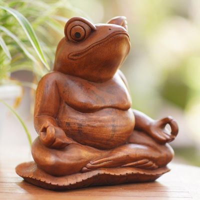 Alternate image for Handmade Suar Wood Frog Sculpture Meditating Frog