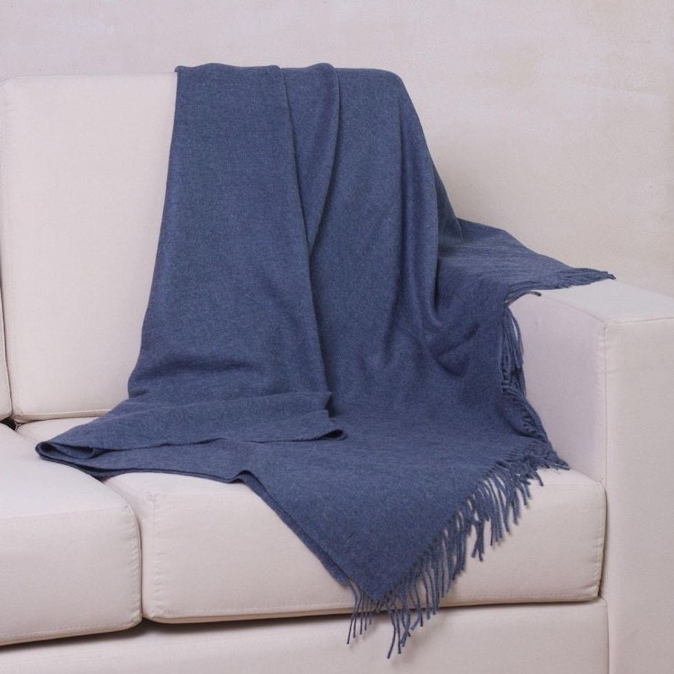 100 Baby Alpaca Throw Blanket in Solid Azure from Peru 'Blissful Dream in Azure'